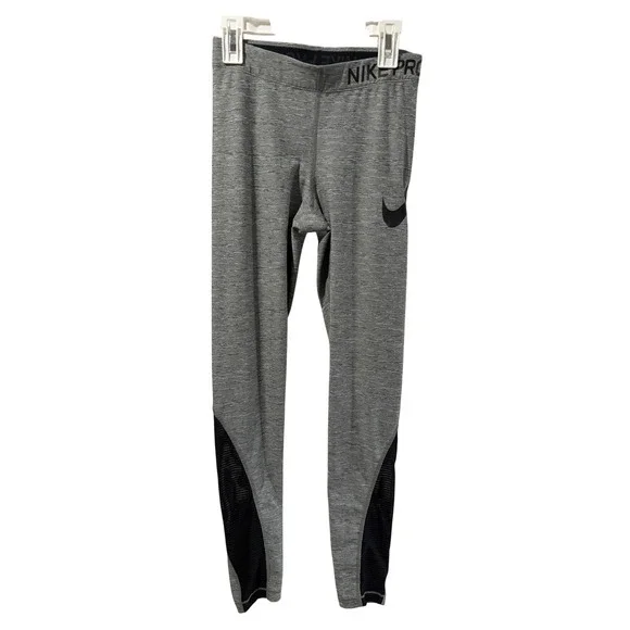 Nike Pro Dri-FIT Womens Heather Grey Mesh Panel Compression Leggings Small - Picture 1 of 6
